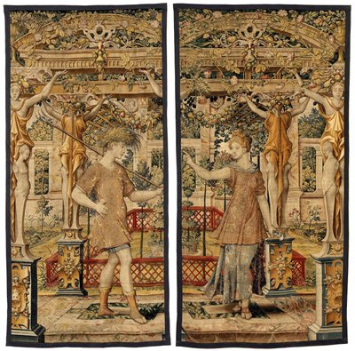Vertumnus و Pomona: تحول Vertumnus إلى مزارع ، حوالي 1550 (ذهب ، صوف وحرير) بواسطة بيتر كويك فان إيلست