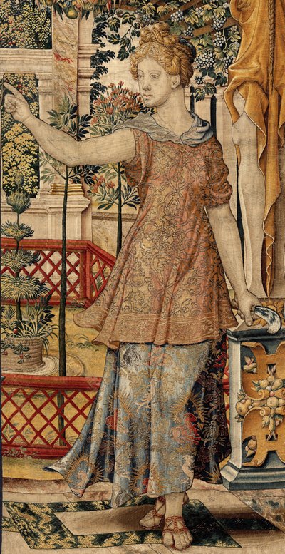 Vertumnus و Pomona: تحول Vertumnus إلى مزارع ، حوالي 1550 (ذهب ، صوف وحرير) بواسطة بيتر كويك فان إيلست