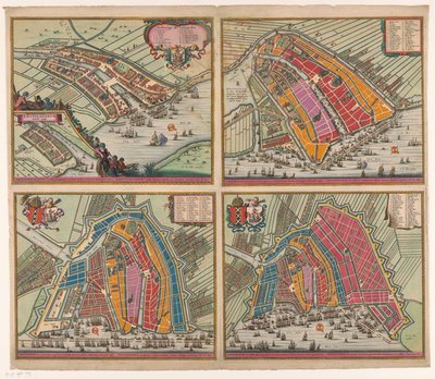 أربع خرائط لأمستردام من 1400 إلى 1612 Amsteldam soo het selve has been omhaynt (...) (العنوان على الكائن) أمستردام ثانيًا مايل تم تكبيره أولاً بالحجر Mueren inden jaere 1482 (...) (العنوان على الكائن) أمستردام الرابعة بواسطة بيتر هندريكس. شوت (ربما)