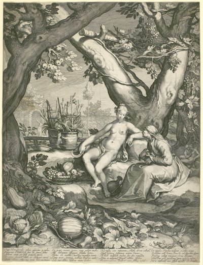 Vertumnus اقتراض شكل امرأة عجوز لكسب حب بوموناس ، 1605 (النقش على ورق مسدود) بواسطة بيتر جانزون ساونريدام