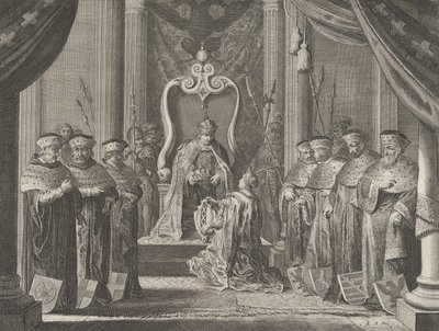 اللوحة 8: منح الإمبراطور ماكسيميليان الثاني تاجًا لشعار نبالة أمستردام ، من كاس ... ، 1638. بواسطة بيتر نولبي