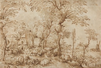 الفلاحون والأبقار بالقرب من مزرعة ، c.1553-54 (قلم وحبر بني على ورق) بواسطة بيتر بروغل الأكبر