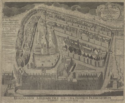 Gezicht op het Sint-Elisabethbegijnhof en de Sint-Elisabethkerk te Gent Begginasium of St. Elisabeth تحت رعاية الأخوة الواعظ من غنت من عام 1234 (العنوان على الكائن) بواسطة النملة دي ميستر