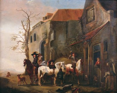 الدراجين والخيول عند باب نزل بواسطة بيتر Wouwermans أو Wouwerman