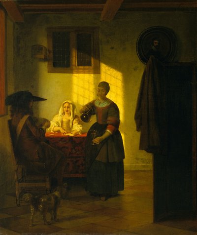 زوجان يلعبان الورق ، مع امرأة تخدم ، كاليفورنيا. 1665-75. بواسطة بيتر دي هوش