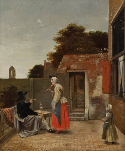 رجل يدخن وامرأة تشرب في فناء ، c.1658-60 بواسطة بيتر دي هوش