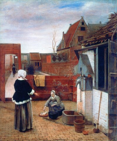امرأة وخادمة في الفناء ، c1660-1661 بواسطة بيتر دي هوش