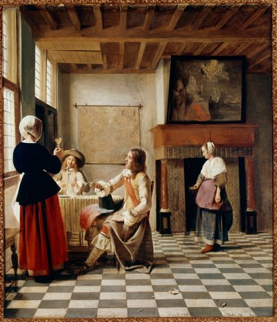 Interieur الهولندية. امرأة تشرب مع رجلين مقبولان (زيت على قماش ، حوالي 1658) بواسطة بيتر دي هوش