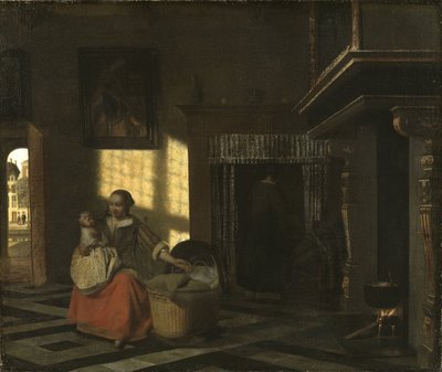 داخلي مع أم قريبة من المهد ، بقلم هوش ، بيتر ، دي (1629-1684). زيت على قماش ، حوالي 1665. المقاس: 54 × 65 سم. المتحف الوطني ستوكهولم بواسطة بيتر دي هوش