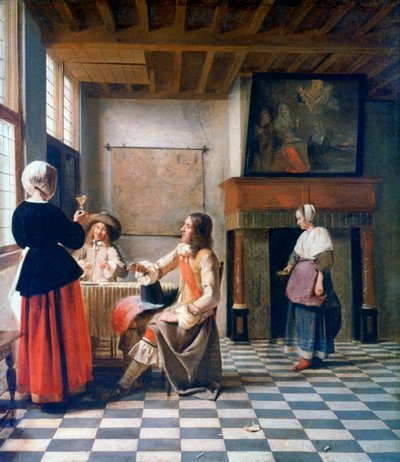 الداخلية ، امرأة تشرب مع رجلين ، وخادمة ، c1658 بواسطة بيتر دي هوش