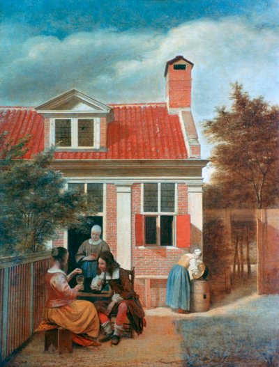 ثلاث نساء ورجل في فناء خلف منزل ، c1657-1659 بواسطة بيتر دي هوش