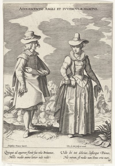 Paar ، وضع gekleed volgens de Engelse ، كاليفورنيا. 1610 عادات المراهقين الإنجليزية والإنجليزية (العنوان على الكائن) Kostuums uit verschiedelden Landen (عنوان السلسلة) Ornaments of Various Nations (عنوان السلسلة) بواسطة بيتر دي جود (أنا)