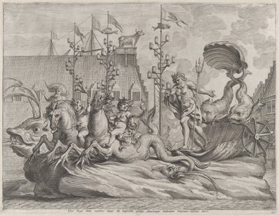 اللوحة 35: فيليب ملك إسبانيا مثل نبتون ، راكبًا عربة يجرها حصانان بحريان ، من Gu ... ، 1636. بواسطة بيتر دي جود الثاني