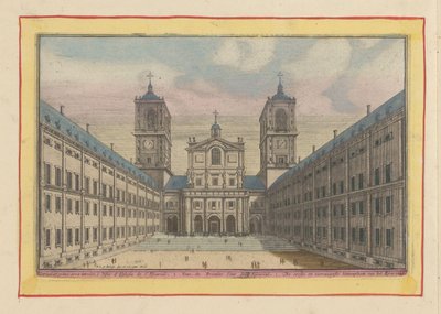 منظر للفناء ومدخل كنيسة سان لورينزو في Escorial الفناء الأول والرئيسي لـ Escurial (العنوان على الكائن) Theatrum Hispaniae (...) (عنوان السلسلة) بواسطة بيتر فان دن بيرج