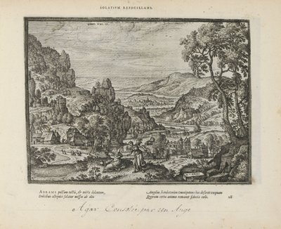 التقى Landschap Hagar en de engel Solatium refocillans (العنوان على الكائن) الشعارات المقدسة والتاريخ الرئيسي للعهدين (Oude Testament) (عنوان السلسلة) الصور والأشكال للكتب (عنوان السلسلة) بواسطة بيتر فان دير بورشت (الأول)