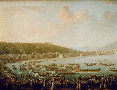 رحيل تشارلز الثالث ملك إسبانيا (كارلوس الثالث) (1716-1788) من خليج نابولي (إيطاليا). لوحة لبييترو فابريس (1756-1779) ، زيت على قماش بواسطة بيترو فابريس