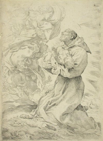 فرنسيس الأسيزي والطفل المسيح بين ذراعيه بواسطة بيترو فاكيني