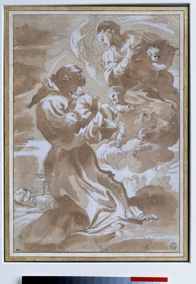 العذراء تحمل الطفل يسوع إلى القديس فرانسوا الأسيزي رسم بقلم بيترو فاشيني (1560-1602) شمس القرن السادس عشر. 0،23 x 0،33 م باريس. متحف اللوفر بواسطة بيترو فاكيني