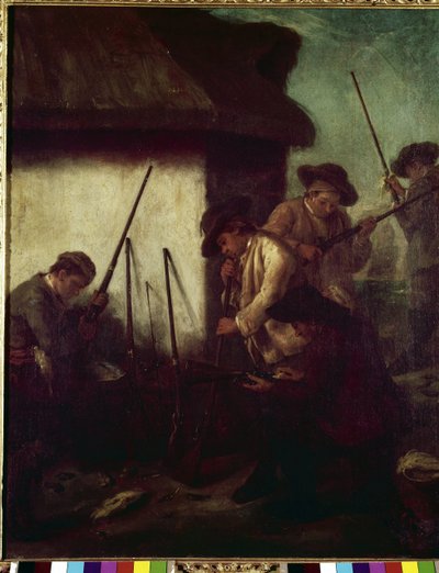 الصيد في الوادي: تحضير البنادق - رسم بييترو لونجي (1702-1785) ، زيت على قماش ، 61 × 50 سم بواسطة بيترو لونغي