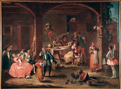 La Merenda in Campagna (الوجبة الخفيفة في الريف) لوحة لبيترو لونجي (1702-1785) حوالي 1750 Dim 96x131 cm البندقية ، Ca 'Rezzonico ، رقم 318 بواسطة بيترو لونغي