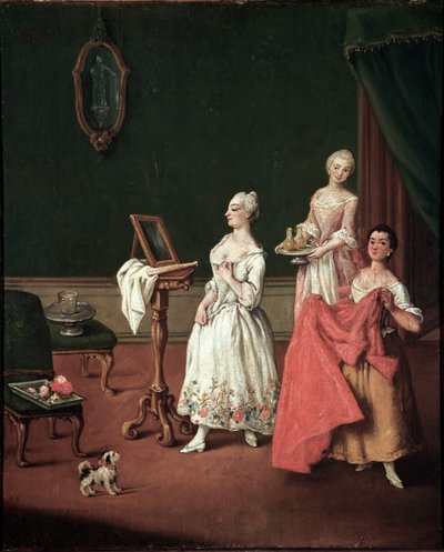 La toilette (جلسة خلع الملابس) الأرستقراطي الفينيسي يُقبض أمام المرآة المساعد الذي يتكون من خادمين - لوحة لبييترو لونجي (1701-1785) 1760 قاتمة 61x50 سم فينيسيا ، كا ريزونيكو ، ن 131 إيطاليا بواسطة بيترو لونغي
