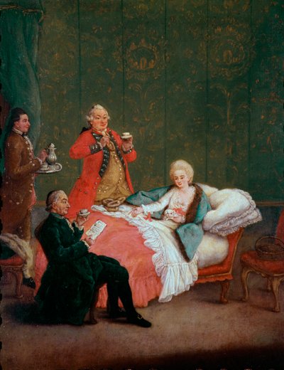 Morning chocolate young woman of the nobility lies in her bed served by three men. Painting by Pietro Longhi (1702-1785) 1775-1780. Dim. 60x47 cm Ca 