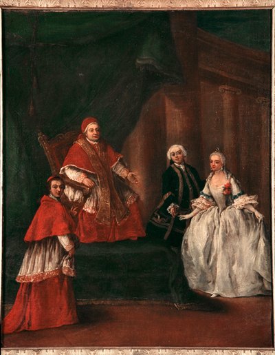 تمثيل البابا كليمنت الثالث عشر (1693-1769) مع ابن أخيه لودوفيكو ريزونيكو وزوجته فوستينا سافورجنان (البابا كليمنت الثالث عشر مع ابن أخيه لودوفيكو ريزونيكو وزوجته فوستينا سافورجنان) لوحة لبيترو لونجي (1702-1785) 1758-1762 ديم 52x50 بواسطة بيترو لونغي