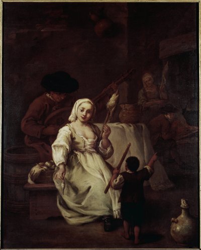 The Spinner - لوحة لبيترو لونجي (1702-1785) ، زيت على قماش ، 69 × 49 سم ، حوالي 1750. البندقية ، مؤسسة Querini Stampalia بواسطة بيترو لونغي