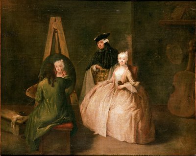 مرسم الرسام الرسام أمام حامله الحامل يصور امرأة شابة. رسم بييترو لونجي (1702-1785) 1740-1745 صن. 44x53 سم البندقية ، Ca 