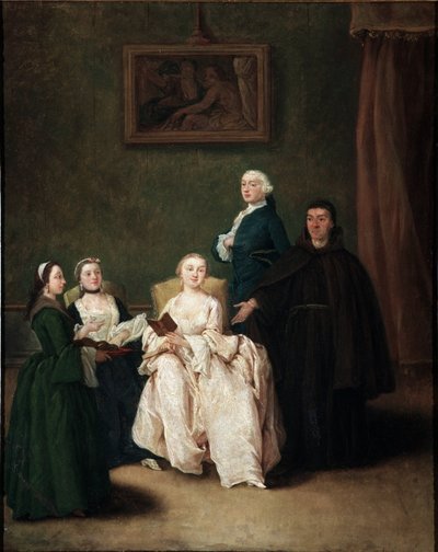 زيارة الراهب للعائلة الأرستقراطية لوحة لبييترو لونجي (1702-1785) حوالي 1760 قاتمة 62x50 سم البندقية ، كا ريزونيكو ، رقم 1303 بواسطة بيترو لونغي