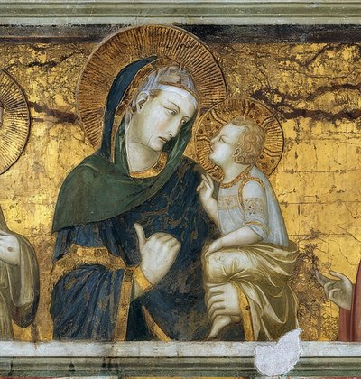 العذراء والطفل بين فرانسيس أسيزي ويوحنا الإنجيلي. التفاصيل. تقريبا. 1315-1319 بواسطة بيترو لورينزيتي