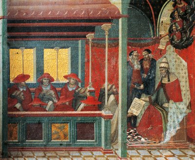 Honorius III يوافق على قاعدة Carmelite ، تفاصيل من predella of altarpiece لـ Carmine ، بقلم Pietro Lorenzetti (حوالي 1280-1348) ، تمبرا وذهب على لوح خشبي بواسطة بيترو لورينزيتي
