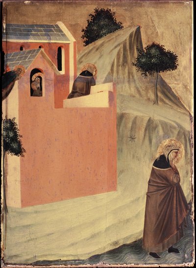 يغادر القديس دير القديس بيربيتوا ويعبر نهر لامون (Polyptych من حياة القديس تواضع) - Detrempe على الخشب من القرن الرابع عشر بواسطة بيترو لورينزيتي