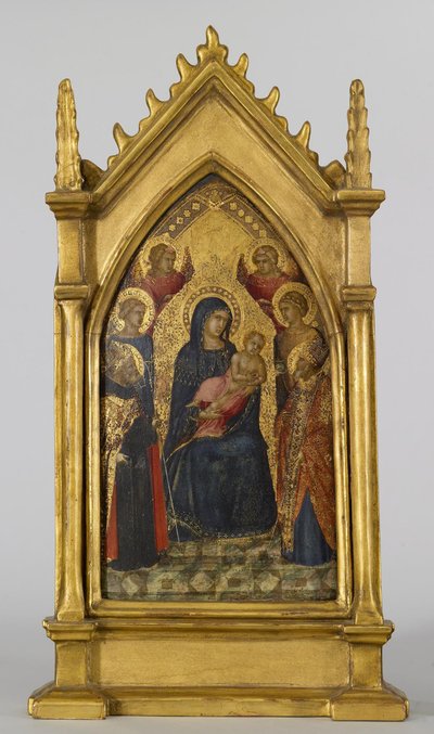 العذراء والطفل مع القديسين أوغسطين ونيكولاس وكاترين ولوسي والملائكة ، 1340-45 (درجة الحرارة وأوراق الذهب على اللوحة) بواسطة بيترو لورينزيتي