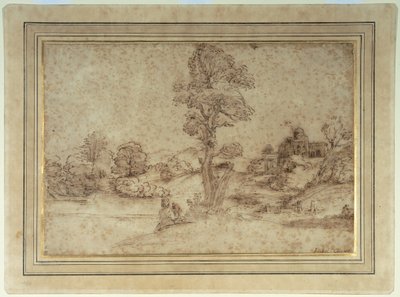 Landscape with a lake and buildings, a mother and child seated by a tree (pen & brown ink on paper) بواسطة Pietro Paolo (Attr. To) Bonzi