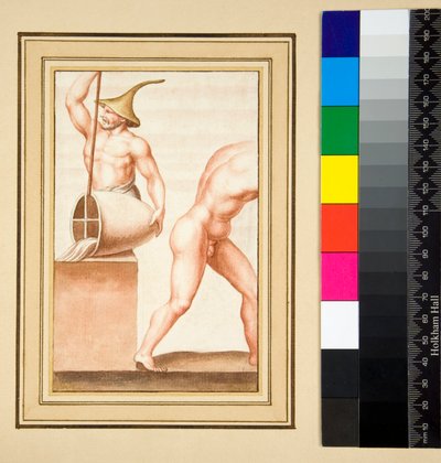 نسخة من فسيفساء لرجل بغطاء مدبب يتدفق من إناء. (طباشير أسود ، بعضها بالقلم والحبر البني. ملون بالألوان المائية) بواسطة بيترو سانتي بارتولي