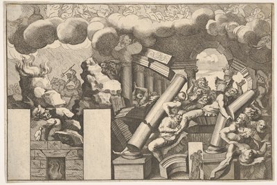 عمالقة سحقتهم الصخور والأعمدة المتساقطة في المعبد ، غيوم الدخان فوق ... ، كاليفورنيا. 1680. بواسطة بيترو سانتي بارتولي