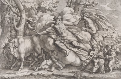 آيو على اليسار كبقرة ، والمشتري على سحابة في الوسط وجونو على اليمين مع بو ... ، 1650-90. بواسطة بيترو سانتي بارتولي