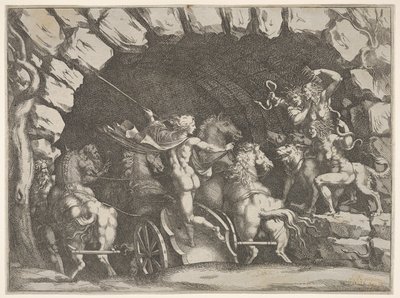 بلوتو ، ينظر إليه من الخلف ، ويدخل Underwold على كرسيه ، Cereberus وثلاثة Fu ... ، كاليفورنيا. 1680. بواسطة بيترو سانتي بارتولي