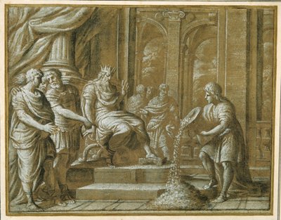 An elderly King, enthroned with attendants in an architectural setting, and a youth pouring from a vase to their amazement (pen & ink with chalk, wash & gouache on paper) بواسطة بيترو دا كورتونا