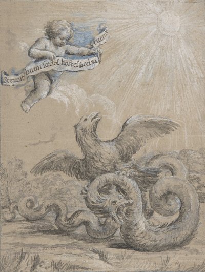 تصميم مع النسر يقاتل مع الثعبان و Putto in the Sky Holding ... ، القرن السابع عشر. بواسطة بيترو دا كورتونا