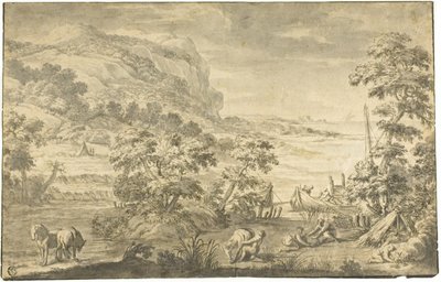مشهد ساحلي إيطالي مع صيادين ، معسكر (وجه الصفحة) ؛ مصب النهر (ظهر) بواسطة بيترو دا كورتونا