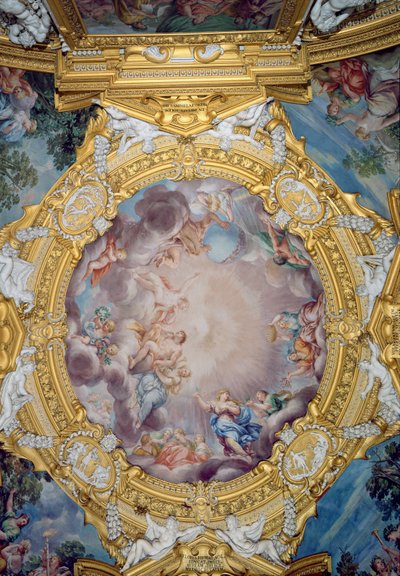 قاعة سالا دي أبولو لأبولو تفاصيل زخرفة السقف التي تصور Cosimo I deMedici 1519-74 يتم تقديمها إلى أبولو ، c.1647 فريسكو بواسطة بيترو دا كورتونا