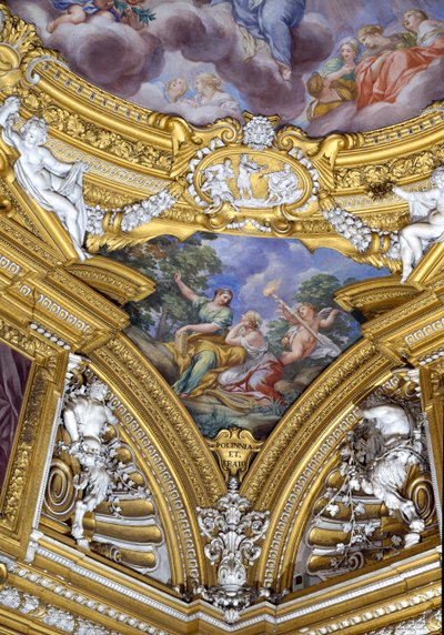 قاعة Sala di Apollo Hall of Apollo تفاصيل معلقة تصور متحف بوليهيمنيا وإيراتو ، c.1647 فريسكو بواسطة بيترو دا كورتونا
