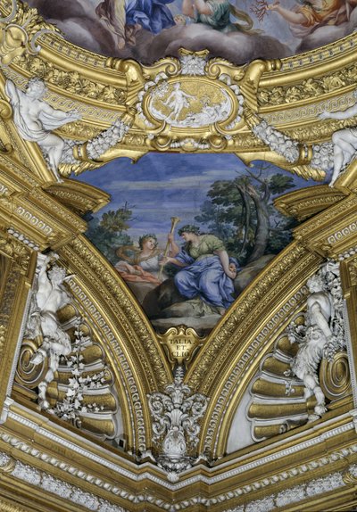 قاعة Sala di Apollo Hall of Apollo تفاصيل معلقة تصور الألحان Thalia و Clio ، c.1647 فريسكو بواسطة بيترو دا كورتونا