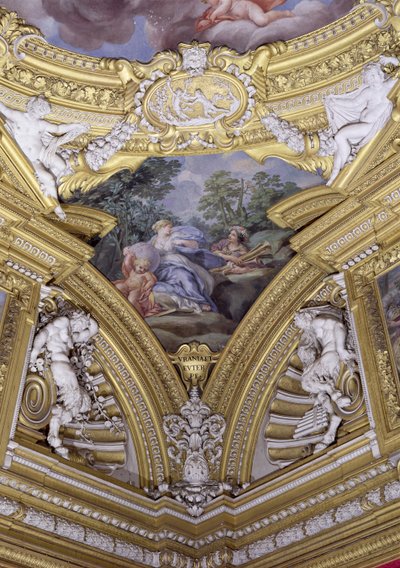 قاعة Sala di Apollo Hall of Apollo تفاصيل معلقة تصور متحف أورانيا وإيتربي ، c.1647 فريسكو بواسطة بيترو دا كورتونا
