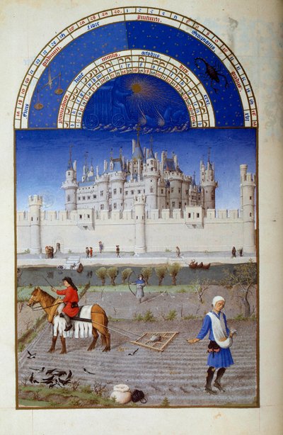 أكتوبر: البذر. في الخلفية ، مصغر متحف اللوفر الفلمنكي لبول ليمبورغ من "كتاب المواليد الطيبين" لجاك الكبير (1360-1415 / 1418) ، مكرس لجون دوق بيري بواسطة بول دي ليمبورغ