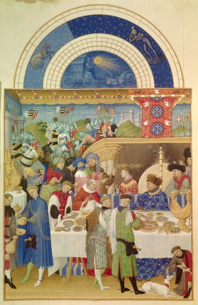 The Duke of Berry has table and the month of January. Flemish miniature by Pol De Limburg (15th century) from the manuscript “The very rich hours of the duke of berry”” بواسطة بول دي ليمبورغ