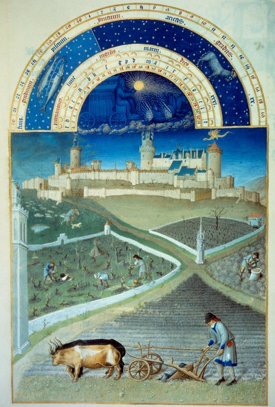 The month of March: the ploughing In the foreground, agricultural work, peasants ploughing a field, the size of the vines, at the bottom the castle of Lusignan - Miniature in “” Les tres riches heures du Duke de Berry”” by Pol De Limburg (15th Century) - C بواسطة بول دي ليمبورغ