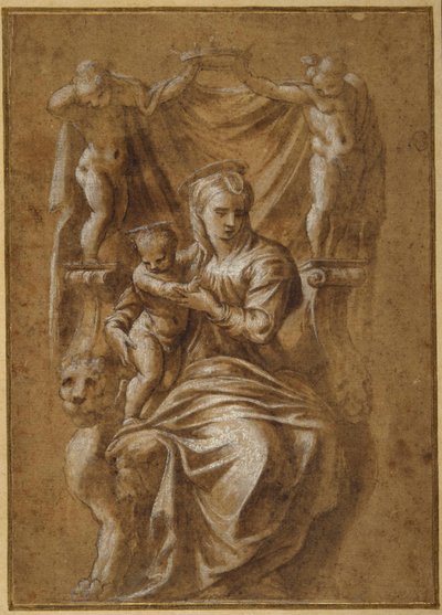 The Madonna and Child enthroned (pen & brown ink with body colour on paper) بواسطة بوليدورو دا (من أتباع) كارافاجيو